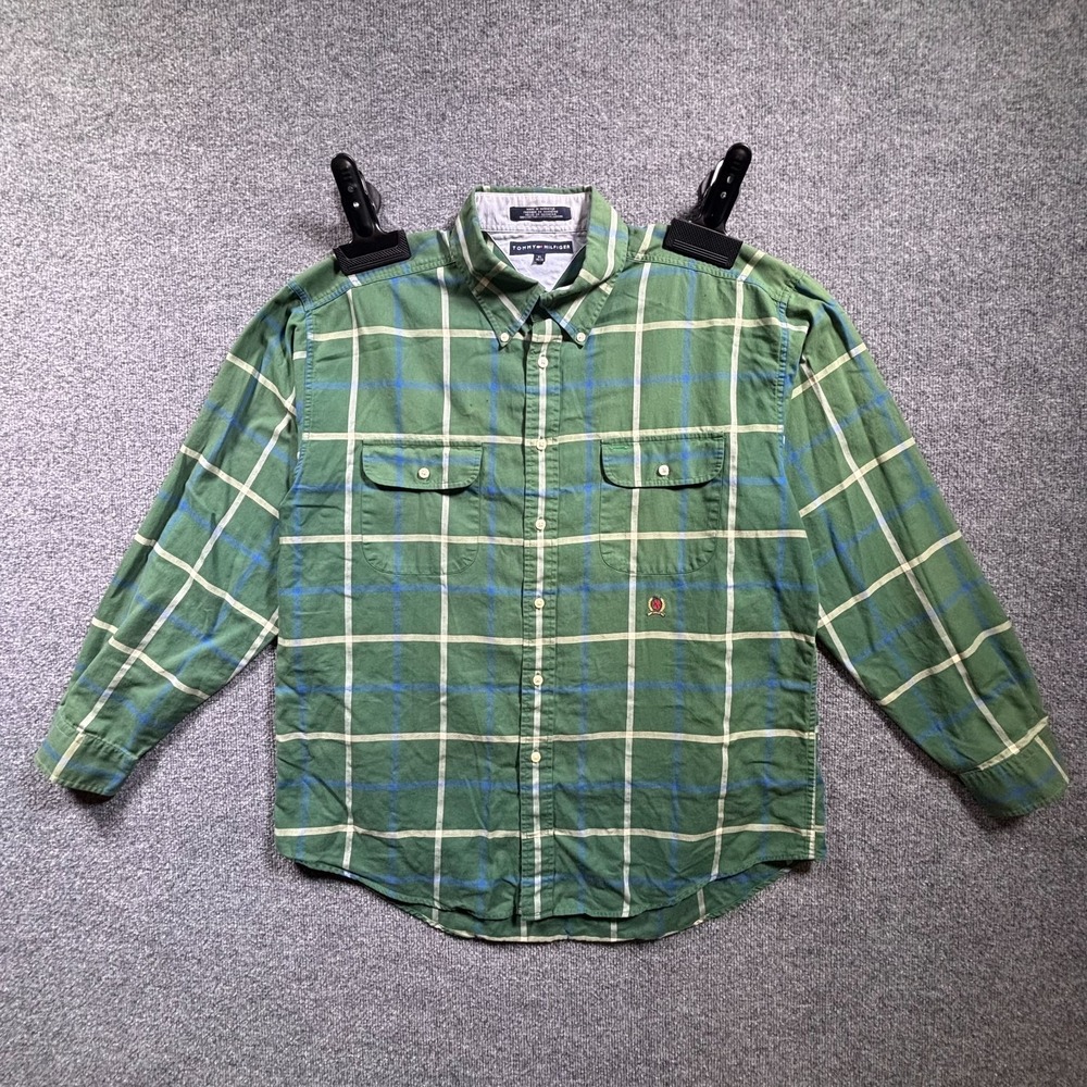 Tommy Hilfiger Button-Down Shirt Men's XL Green Cotton Plaid Cowboy Streetwear